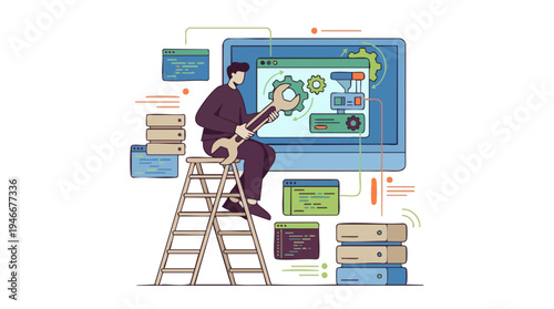 A person configuring a computer system with tools, surrounded by servers and code, representing IT development and maintenance.
