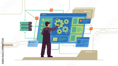 Man configuring a web interface with gears and server connections, representing software development and system administration.