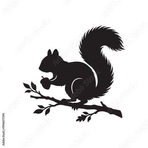 Silhouette vector graphic illustration of a bushy tailed squirrel holding an acorn perched upon a tree branch.