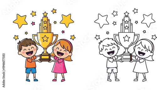 Cute happy children holding a golden winner trophy with stars. Kids success vector illustration. Includes color version and black and white outline for coloring book page.