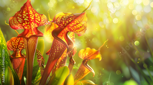 Vibrant pitcher plants thriving in lush green environment with sunlight