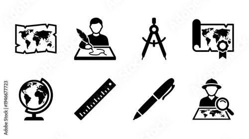 Geography Icons Vector – Maps, Tools, Education, Cartography, Exploration Graphic