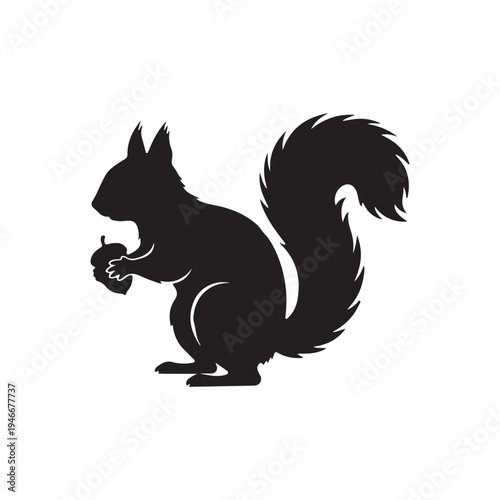 Classic black squirrel silhouette vector illustration grasping an acorn, ideal for various graphic design projects.