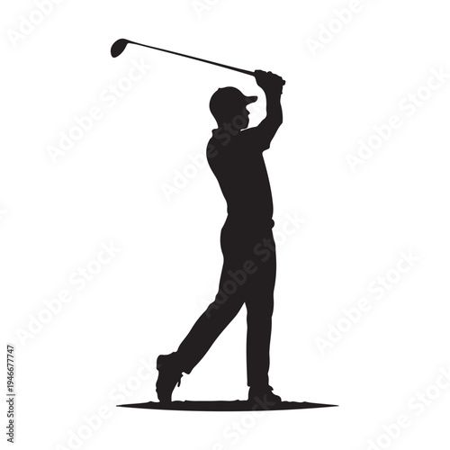 Dynamic vector graphic illustration of a male golfer powerfully swinging his club on a golf course.