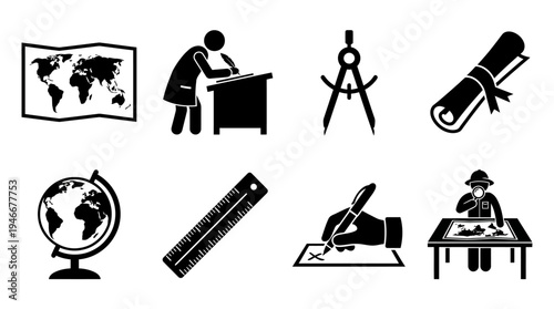 Geography Icons Vector – Maps, Tools, Education, Cartography, Exploration Graphic