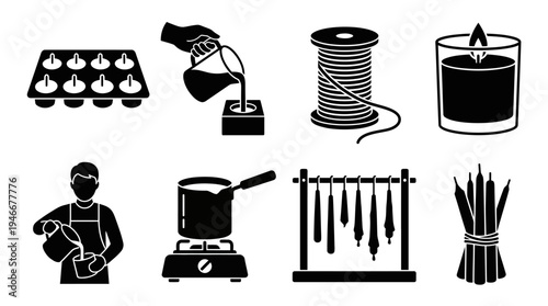 Candle Making Icons Vector – Wax Pouring, Wicks, Drying, Craft Process Graphic