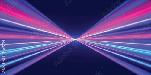 Converging lines of neon light in pink and blue against a dark void, abstract representation of speed and data transfer, light convergence, dark background, light effect