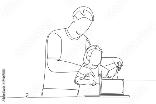 Father and son cooking. Families cooking concept one-line drawing