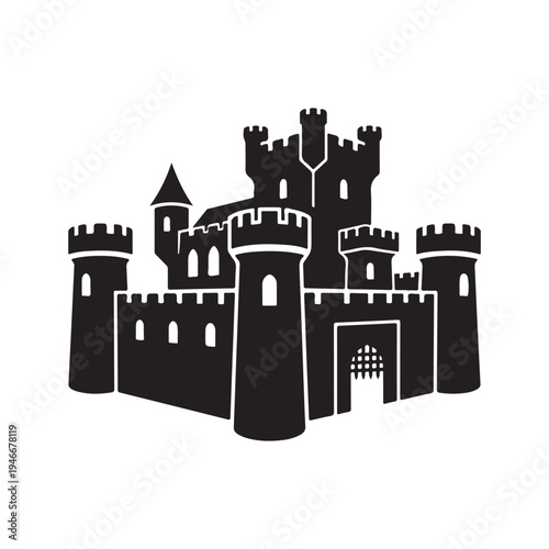 Silhouette vector illustration of a majestic medieval castle featuring multiple towers and defensive crenellations