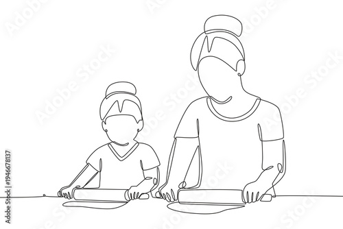 Mother and daughter cooking. Families cooking concept one-line drawing