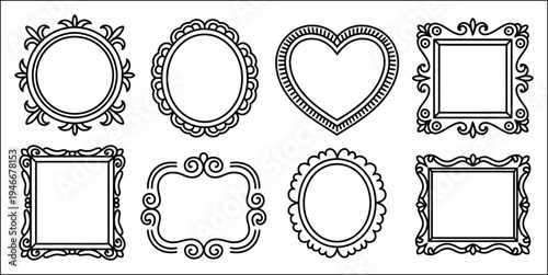 Doodle picture frame hand drawn line vintage border classic gallery empty decor vector baroque art, ornamental decoration design elements in round heart oval shapes with swirl arch, picture frame icon