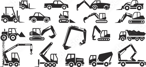 cranes, cement mixers, tractors, forklifts, pickup  icons of construction vehicles, heavy machinery, excavators, bulldozers, dump trucks, cranes, cement mixers, tractors, forklifts, pickup trucks