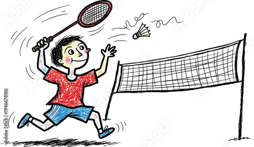Boy playing badminton doodle vector