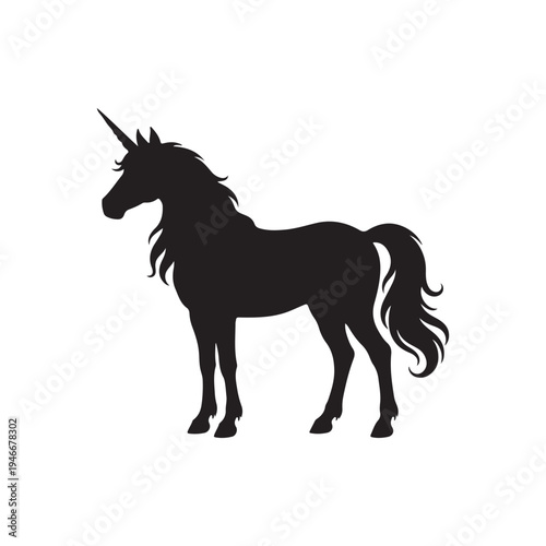 Majestic black silhouette vector graphic illustration of a mythical unicorn standing proud with single spiraled horn
