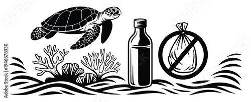 Marine Life and Conservation Graphic Set, vector hand drawn illustrations of sea turtle, coral, reusable water bottle, and no plastic bag sign, clean graphics for ocean conservation, eco-awareness, an