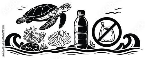 Marine Life and Conservation Graphic Set, vector hand drawn illustrations of sea turtle, coral, reusable water bottle, and no plastic bag sign, clean graphics for ocean conservation, eco-awareness, an