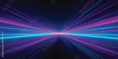 Perspective view of vibrant pink and cyan light trails on a dark background, symbolizing speed and digital pathways, light effect, long exposure