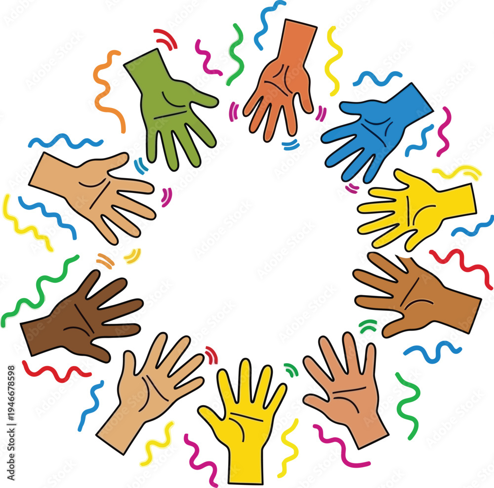 Obraz premium Diverse hands circle unity doodle vector
