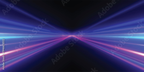 Abstract blue and pink light streaks exploding from a central point on a black background, futuristic motion blur effect, digital art