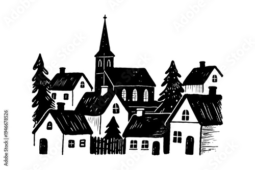 Monochrome drawing of a small village with church, houses, and trees in sketch style on white background, representing rural countryside life