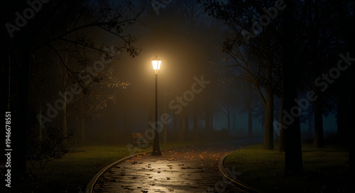 Eerie Glow Solitary Lamppost Illuminates a Misty Night Park Path