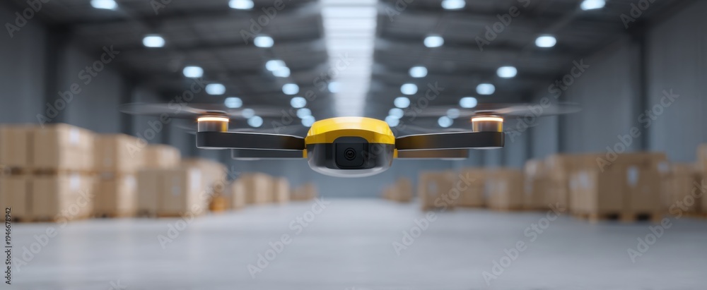 Fototapeta premium A futuristic autonomous courier drone glides through a vibrant warehouse showcasing innovative logistics solutions.