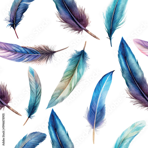 Blue purple indie flying feathers watercolor vector seamless pattern