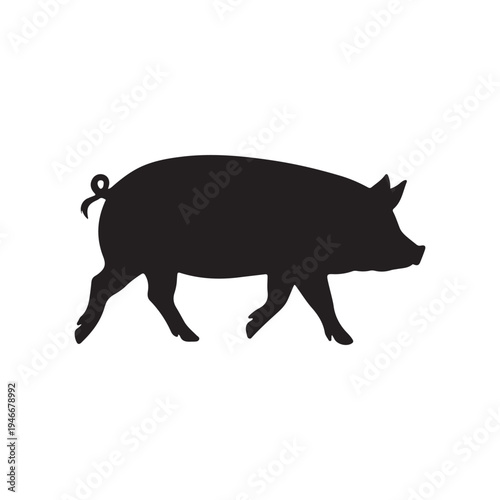 Stylized black silhouette of a walking domestic pig, perfect for farm, food, or animal-related designs.