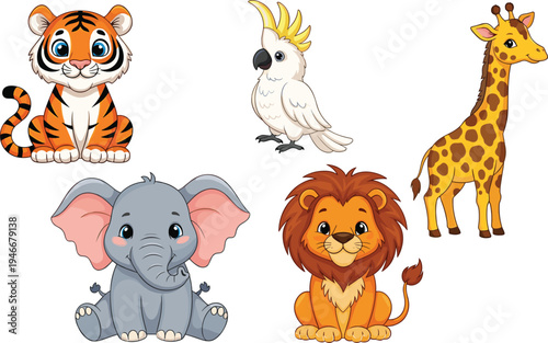 Cute Cartoon Wild Animals Collection Featuring Tiger, Elephant, Giraffe, Lion, and Cockatoo for Children's Illustrations and Educational Designs