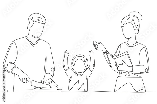 Families cooking concept one-line drawing