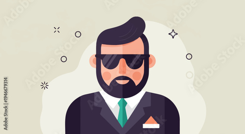 A stylized portrait of a man wearing sunglasses, a suit, and a tie