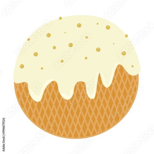 Round wafer cookie with white glaze and golden sugar pearls or bubbles, sweet treat vector icon.Vector isolated illustration of Dutch waffle with caramel for menu design, prints, stickers.