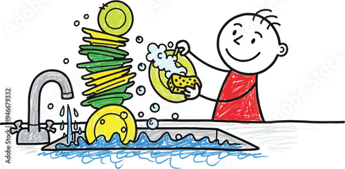 Child washing dishes kitchen doodle vector