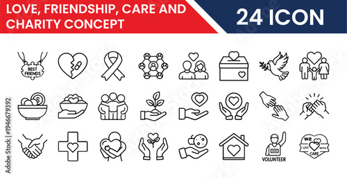 Love friendship care and charity concept icons collection illustration