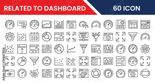 Collection of sixty dashboard related icons for data visualization and analysis