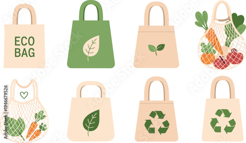 Eco-Friendly Reusable Tote Bags with Green and Leaf Designs, Perfect for Shopping and Sustainability