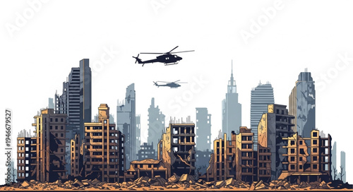 City Skyline with Helicopters Flying.