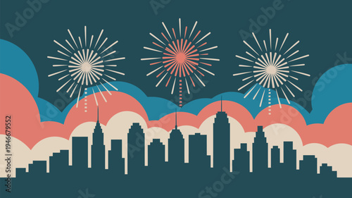 A vibrant city skyline celebrates with colorful fireworks exploding in the night sky