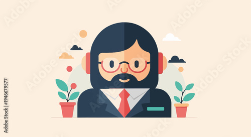 A stylized portrait of a bearded man in a suit wearing headphones