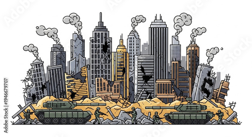 City Skyline with Military Tanks.