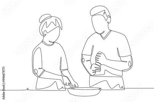 Husband and wife cooking. Families cooking concept one-line drawing