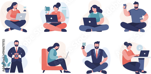 Diverse people using laptops, phones, cameras, and drinks