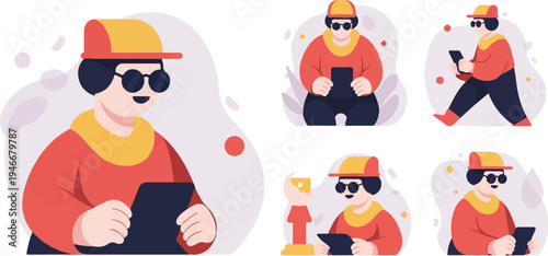 Diverse people in flat style interacting with digital devices