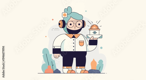 A stylized person with headphones and a headset holds a technological device