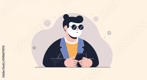 Flat illustration of a person with sunglasses and a face mask holding a smartphone