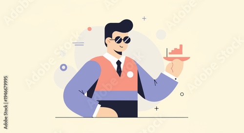 Man in suit wearing sunglasses presents a rising bar chart on a tray