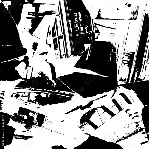 Artistic fashion week trendy collage background. Basis graphics black and white universal use