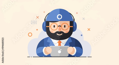 Bearded man in blue suit and headphones holds laptop, abstract shapes decorate background