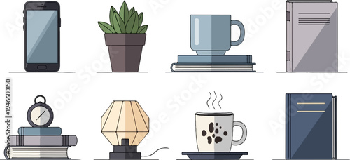 Still life arrangement of objects including a smartphone, potted plant, books, and cups of coffee