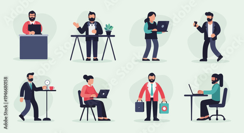 Businesspeople engaged in office tasks, digital illustrations of workers